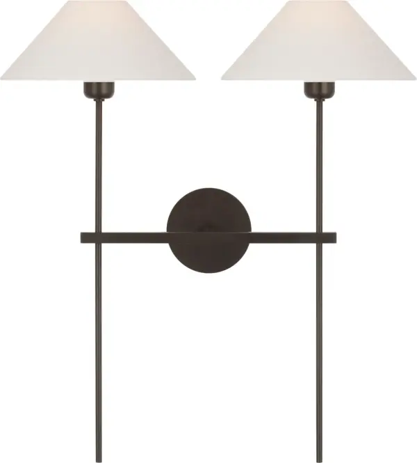 The Hackney 25" Double Tail Sconce combines traditional elegance with versatile styling. Its substantial size and dual-arm design make it ideal for larger walls, while the bronze finish and linen shades provide warm, diffused lighting perfect for living spaces and bedrooms.