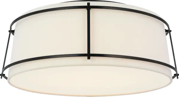 The Callaway 18" flush mount combines classic bronze finish with a sophisticated linen drum shade and frosted acrylic diffuser. Perfect for spaces with standard ceiling heights, it delivers soft, ambient lighting with timeless appeal. - alternate view
