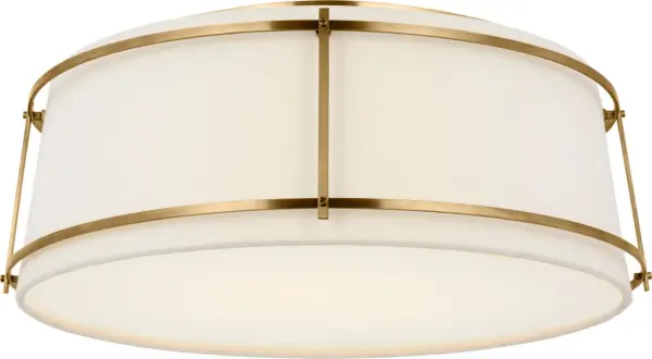 The Callaway 18" flush mount combines classic hand-rubbed antique brass with a sophisticated linen shade and frosted acrylic diffuser. Its transitional design bridges traditional and contemporary aesthetics, making it versatile for various interiors while providing soft, diffused illumination.