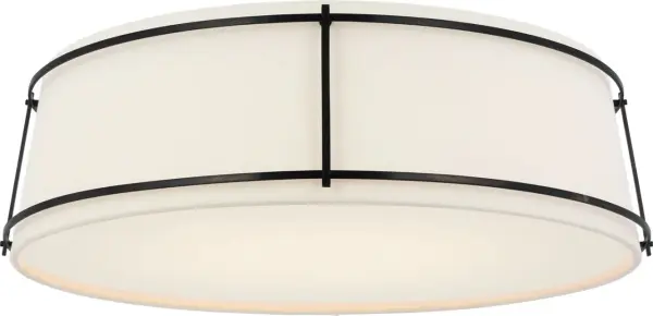 The Callaway flush mount delivers sophisticated lighting in a low-profile design. Its 22" diameter provides substantial presence while the bronze finish and linen shade create warm, diffused illumination ideal for bedrooms and living spaces.