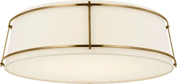 The Callaway 22" flush mount combines classic brass craftsmanship with contemporary clean lines. Its hand-rubbed antique brass finish and linen drum shade create warm, diffused lighting perfect for spaces with standard ceiling heights.