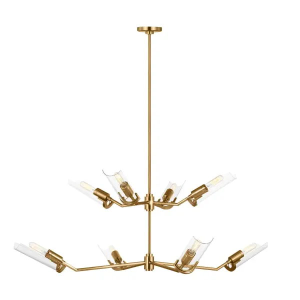 The Mezzo chandelier by Thomas O'Brien delivers bold architectural presence with its distinctive telescoping arms and clear glass cylinders. At over 53 inches wide, this commanding fixture transforms large dining rooms and entryways into sophisticated spaces.