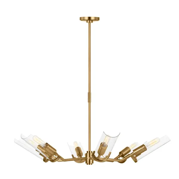 The Mezzo chandelier by Thomas O'Brien features a distinctive architectural design with telescoping arms and clear glass cylinders. Its bold geometric form and burnished brass finish create a sophisticated focal point.