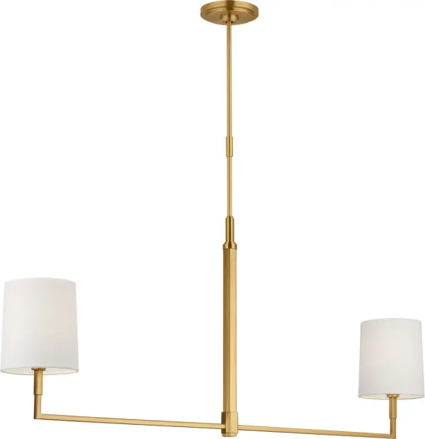 The Danica Large Linear Chandelier brings refined elegance to dining and living spaces with its burnished brass finish and elongated silhouette. Perfect for modern and transitional interiors seeking statement lighting. - alternate view