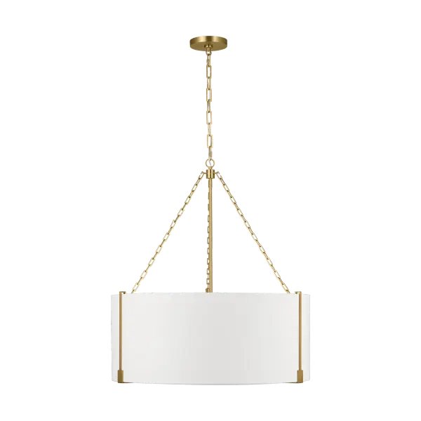 The Bergen Large Hanging Shade delivers commanding presence with its generous proportions and burnished brass finish. This transitional fixture bridges traditional warmth and contemporary clean lines, making it versatile across design styles.