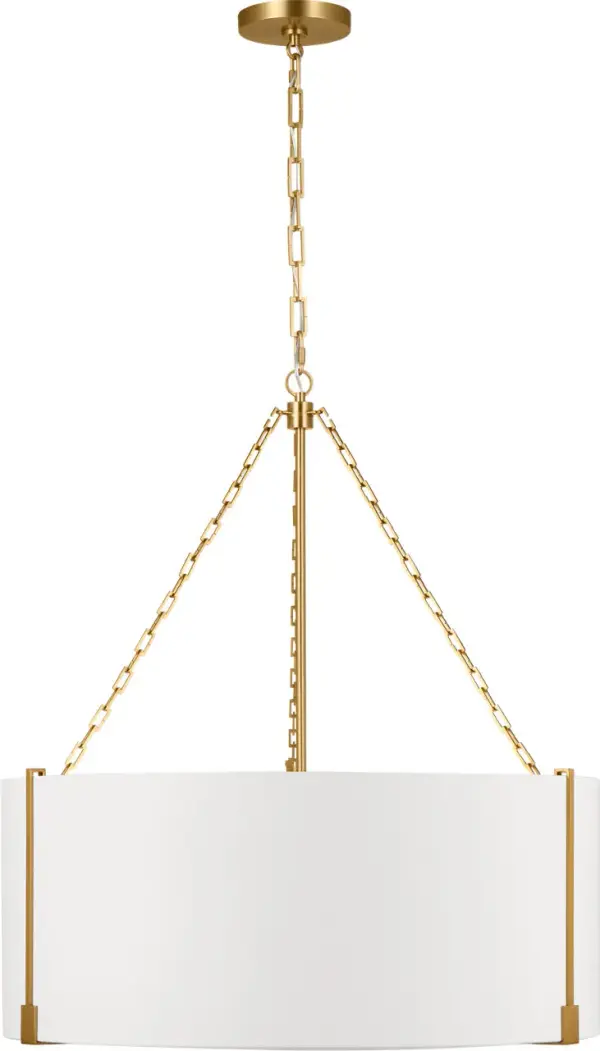 The Bergen Large Hanging Shade delivers commanding presence with its generous proportions and burnished brass finish. This transitional fixture bridges traditional warmth and contemporary clean lines, making it versatile across design styles. - alternate view
