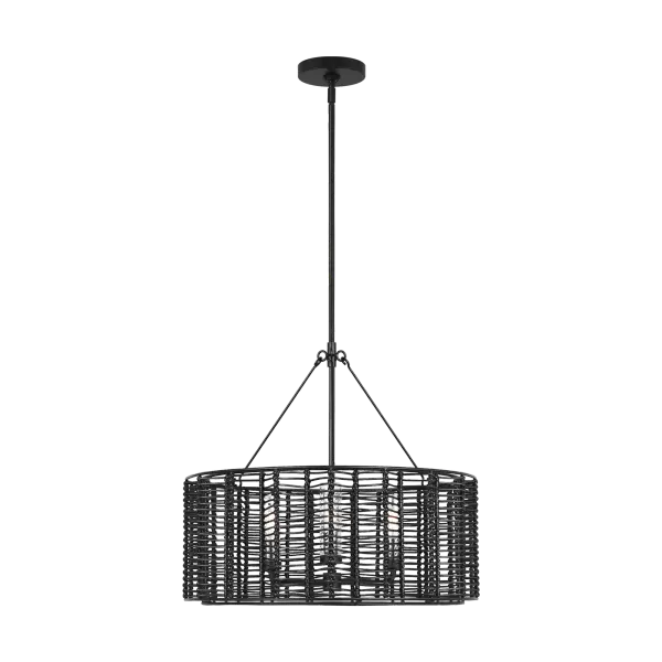 The Winslow Medium Hanging Shade transforms the classic chevron pattern into a striking three-dimensional statement piece. Its intricately woven strands create captivating light patterns while maintaining versatility for both indoor and covered outdoor spaces.