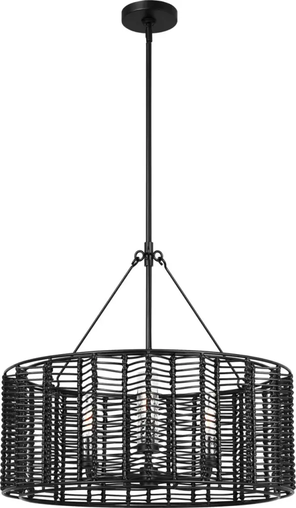 The Winslow Medium Hanging Shade transforms the classic chevron pattern into a striking three-dimensional statement piece. Its intricately woven strands create captivating light patterns while maintaining versatility for both indoor and covered outdoor spaces. - alternate view