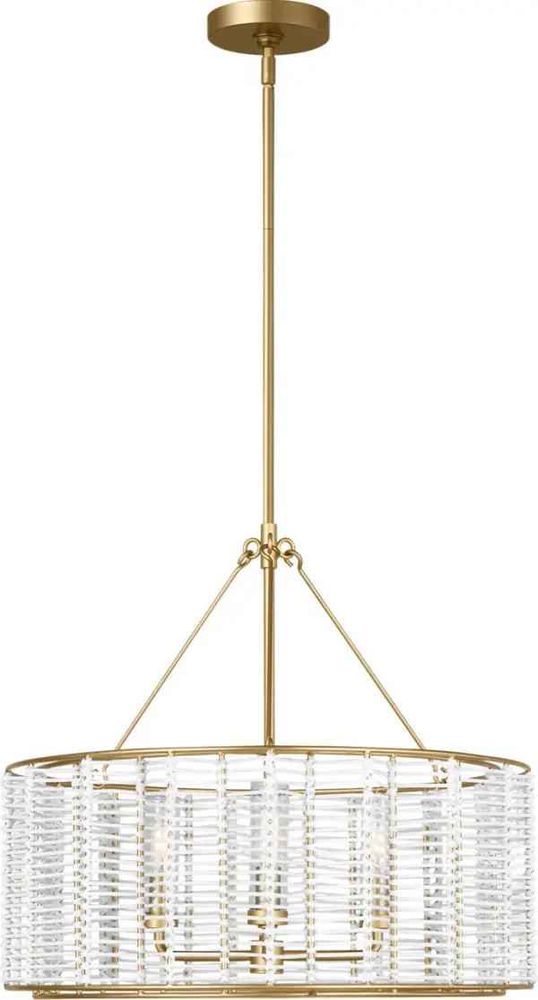 The Winslow Medium Hanging Shade transforms the classic chevron pattern into a sculptural statement piece. Its intricately woven metal strands create captivating light patterns while the powder-coated brass finish adds warmth and sophistication to any space.