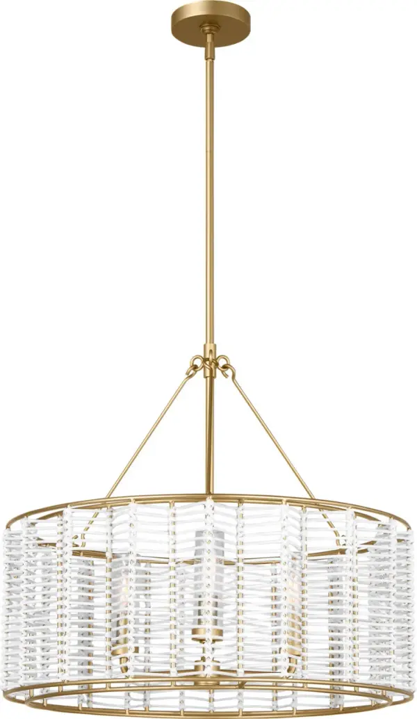 The Winslow Medium Hanging Shade transforms the classic chevron pattern into a sculptural statement piece. Its intricately woven metal strands create captivating light patterns while the powder-coated brass finish adds warmth and sophistication to any space. - alternate view