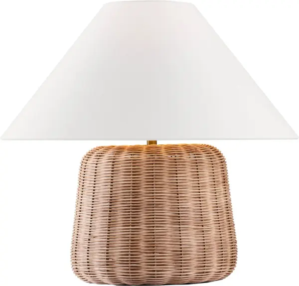 The Dumar Medium Table Lamp showcases beautiful blonde rattan craftsmanship that adds organic texture and coastal charm. Its medium size makes it versatile for bedrooms, living spaces, and offices while bringing natural warmth. - alternate view