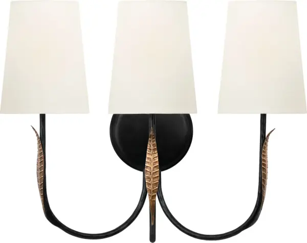 The Kairos 14" Triple Sconce combines aged iron and Roman bronze finishes for sophisticated visual interest. Three linen shades provide warm, diffused lighting ideal for vanity or hallway applications.
