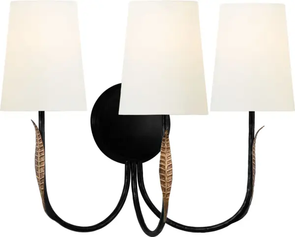 The Kairos 14" Triple Sconce combines aged iron and Roman bronze finishes for sophisticated visual interest. Three linen shades provide warm, diffused lighting ideal for vanity or hallway applications. - alternate view