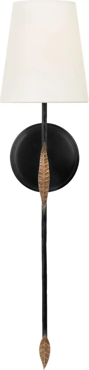 The Kairos 27" Tail Sconce combines aged iron and Roman bronze finishes with a soft linen shade, creating a refined transitional piece. Its substantial 27-inch height makes a statement while providing functional task lighting. - alternate view