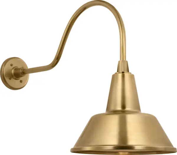 The Flynn Barn Light brings authentic farmhouse charm to outdoor spaces with its 23" profile and hand-rubbed antique brass finish. The 12.5" Bowers shade provides focused downlight perfect for entryways and patios.