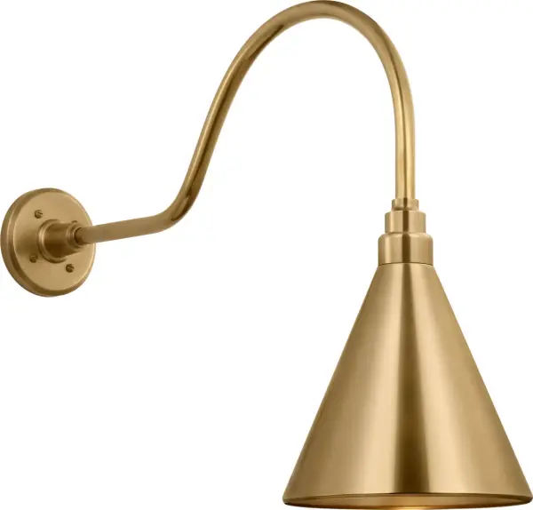 The Flynn Barn Light brings authentic farmhouse charm to outdoor spaces with its hand-rubbed antique brass finish and distinctive conical shade. At 23 inches, it provides substantial presence and illumination for entryways, porches, and patios.