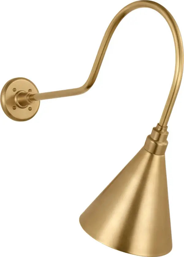 The Academy Flynn Barn Light combines authentic farmhouse charm with durable outdoor construction. Its 26-inch angled arm and hand-rubbed antique brass finish create a warm, welcoming glow perfect for porches, patios, and commercial facades. - alternate view