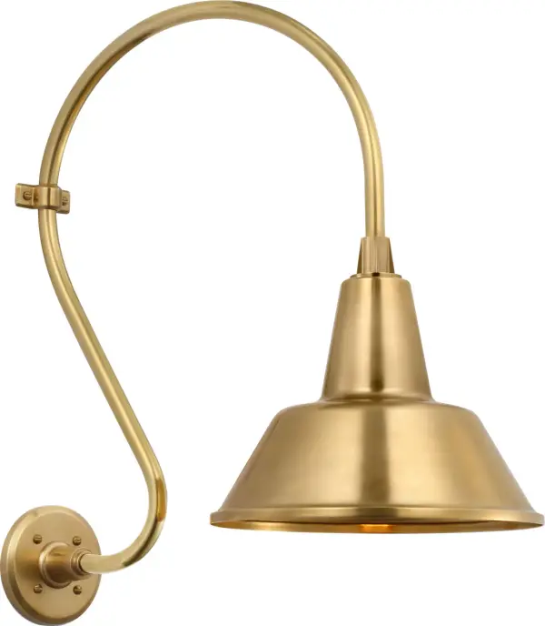 The Academy Larrabee Barn Light brings authentic farmhouse charm to outdoor spaces with its hand-rubbed antique brass finish and traditional barn-style shade. At 15 inches, it provides substantial presence and illumination.
