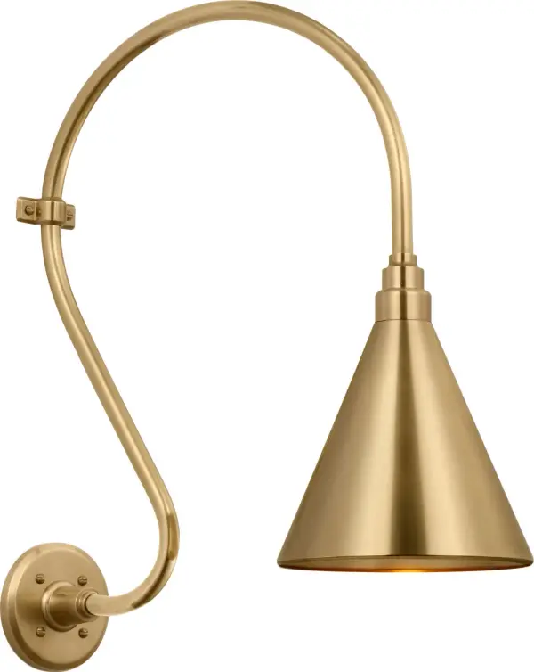 The Academy Larrabee Barn Light combines authentic farmhouse charm with durable outdoor construction. Its 15" conical shade and hand-rubbed antique brass finish deliver vintage appeal perfect for porches, patios, and entryways.