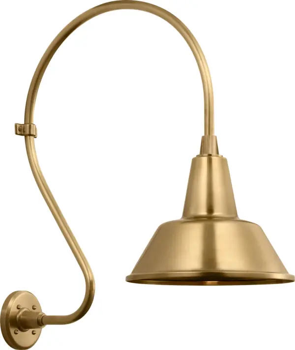 The Academy Larrabee brings authentic farmhouse charm to outdoor spaces with its 18" barn-style design and hand-rubbed antique brass finish. The 12.5" Bowers shade provides excellent light distribution while the durable construction ensures lasting performance in exterior applications.