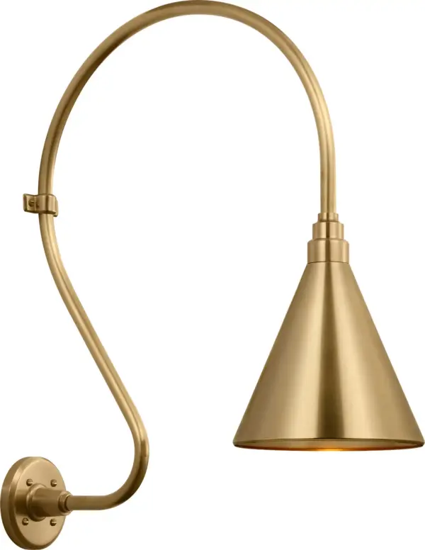 The Academy Larrabee Barn Light combines farmhouse charm with industrial durability. Its 18" scale and hand-rubbed antique brass finish deliver authentic character, while the conical shade provides focused downlighting perfect for entryways and patios.
