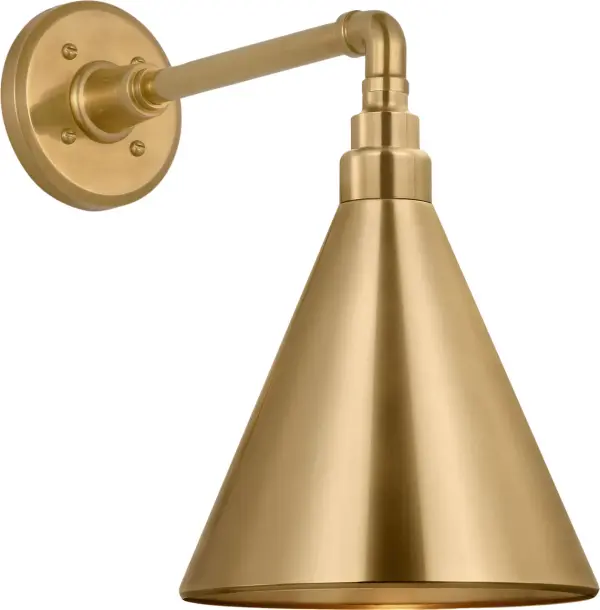 The Academy Mack Barn Light brings authentic farmhouse charm with its hand-rubbed antique brass finish and traditional conical shade. Perfect for adding character to outdoor spaces with durable construction. - alternate view