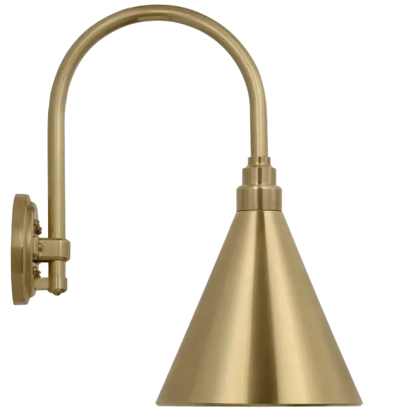 The Academy Arched Mack Barn Light combines vintage farmhouse charm with durable outdoor construction. Its hand-rubbed antique brass finish and 11-inch arched arm create authentic barn-style lighting perfect for porches, patios, and entryways. - alternate view