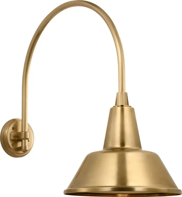 The Academy Arched Mack Barn Light combines vintage farmhouse charm with durable outdoor construction. Its hand-rubbed antique brass finish and distinctive arched arm create an authentic barn-style aesthetic.