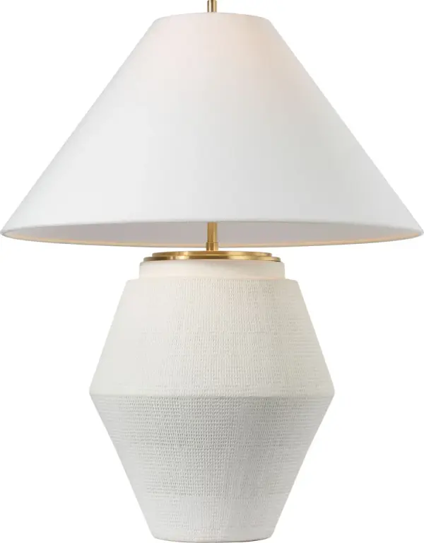 The Aten table lamp combines a sculptural plaster white ceramic base with a classic linen shade, creating a sophisticated lighting solution that works beautifully in both traditional and contemporary settings. - alternate view