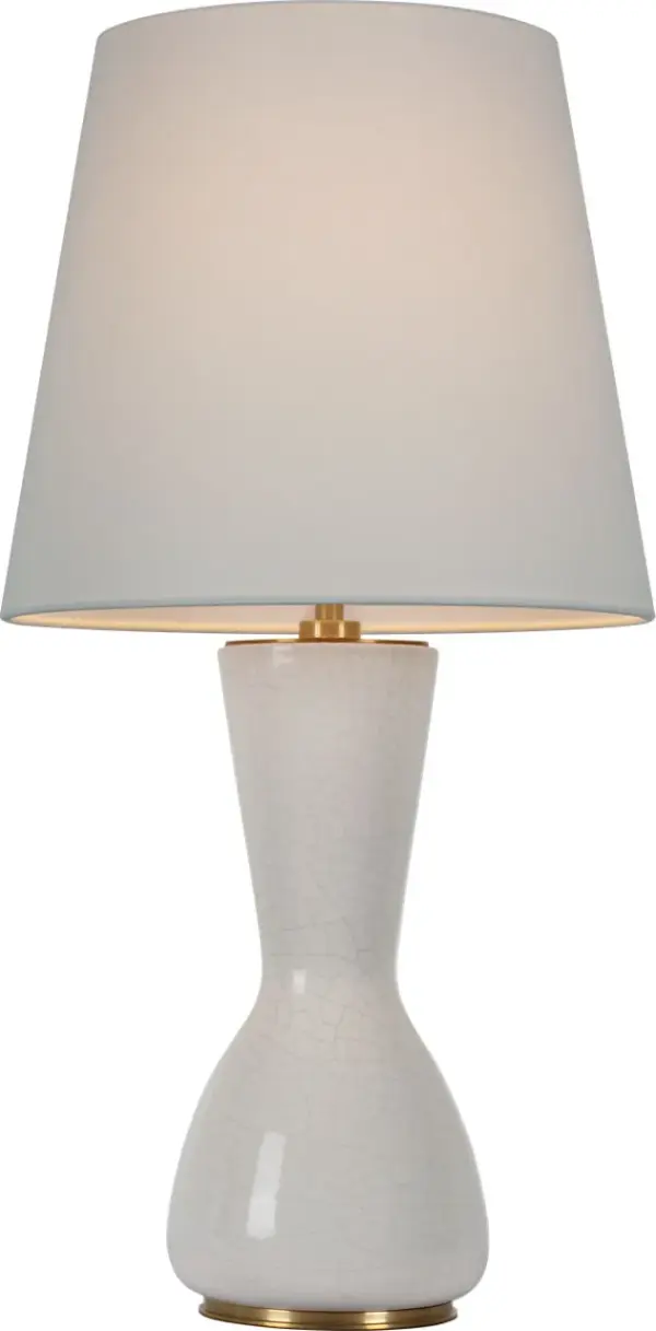 The Jess table lamp combines a sophisticated crackled ivory ceramic base with a classic linen shade, creating a versatile lighting solution that bridges traditional and contemporary design sensibilities. - alternate view