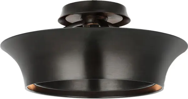 The Garland semi-flush mount features a distinctive 15-inch dual-lit ring design in aged iron, offering both ambient and accent lighting. Perfect for spaces with lower ceilings requiring sophisticated style.