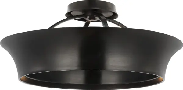 The Garland semi-flush mount features a distinctive 20-inch dual-lit ring design in aged iron finish, offering both ambient and accent lighting. Perfect for spaces with lower ceilings requiring stylish illumination.