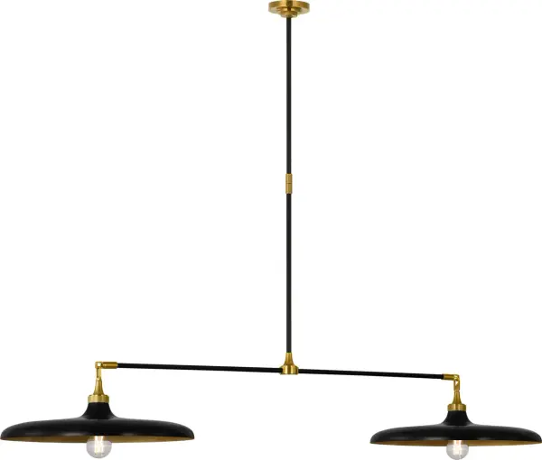 The Piatto linear pendant makes a bold statement with its substantial 63-inch length, combining hand-rubbed antique brass with aged iron for sophisticated industrial appeal. Perfect for large dining tables and kitchen islands.