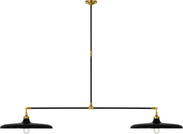 The Piatto linear pendant makes a bold statement with its substantial 63-inch length, combining hand-rubbed antique brass with aged iron for sophisticated industrial appeal. Perfect for large dining tables and kitchen islands. - alternate view