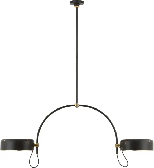 The Oso linear pendant makes a bold architectural statement with its 54-inch span and distinctive arched silhouette. The mixed metal finish combining modern iron with hand-rubbed antique brass creates visual interest and versatility.