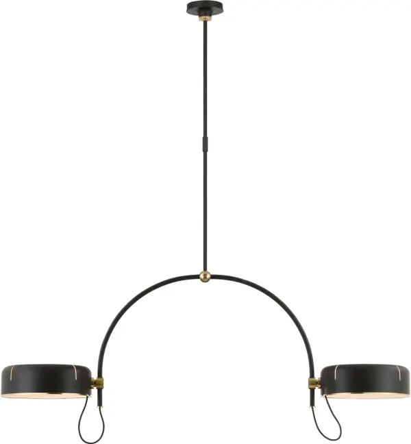 The Oso linear pendant makes a bold architectural statement with its 54-inch span and distinctive arched silhouette. The mixed metal finish combining modern iron with hand-rubbed antique brass creates visual interest and versatility. - alternate view