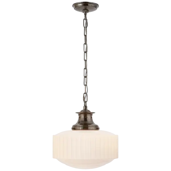 The Milton Road Pendant combines traditional elegance with contemporary simplicity. Its antique nickel finish and white glass shade create a versatile fixture that complements various design schemes.