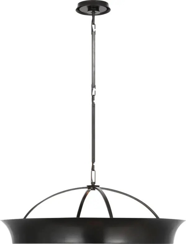 The Garland 30" chandelier features a sophisticated dual-ring design with aged iron finish, offering both uplight and downlight for dramatic ambient illumination. Its substantial 30-inch diameter makes a bold statement in contemporary and transitional spaces.