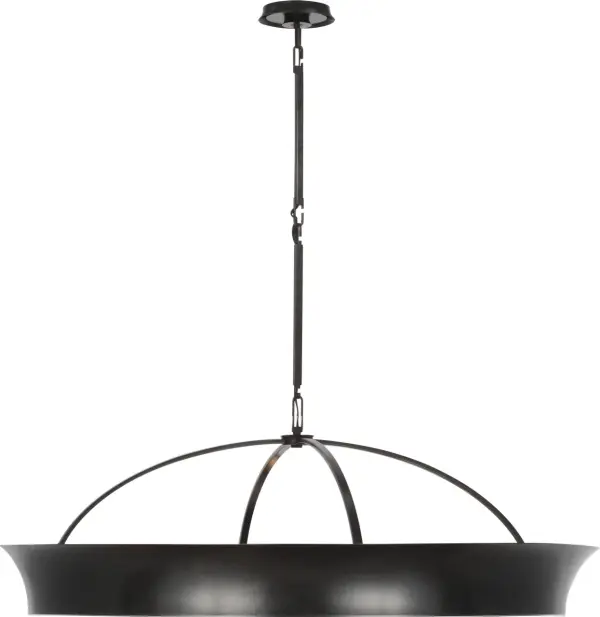 The Garland 40" chandelier features a striking dual-ring design in aged iron finish, offering both uplight and downlight illumination. Its substantial 40-inch diameter creates commanding presence perfect for large dining rooms and grand spaces.