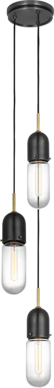 The Junio 3-Light Pendant combines bronze and brass finishes with clear glass shades for a refined, versatile look. Its transitional design bridges traditional and contemporary styles, making it adaptable to various interiors. - alternate view
