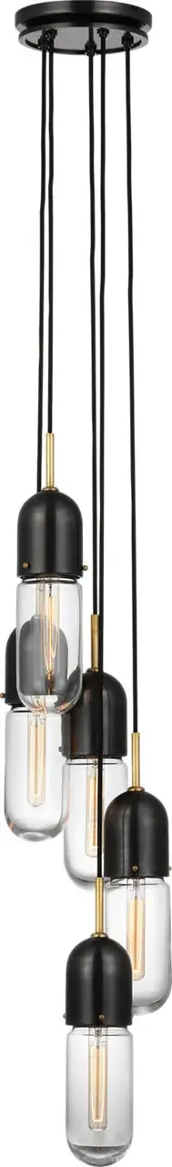 The Junio 5-Light Pendant combines bronze and brass finishes with clear glass for a refined, versatile look. Its substantial presence and mixed-metal aesthetic make it ideal for transitional spaces seeking both warmth and contemporary edge.