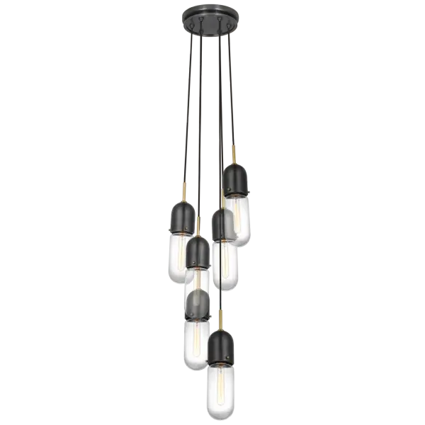 The Junio 6-Light Pendant combines bronze and brass finishes with clear glass for a refined transitional look. Its substantial size and mixed-metal aesthetic make it perfect for dining rooms and grand spaces seeking elegant illumination. - alternate view