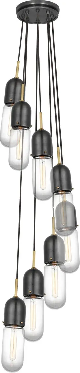The Junio 8-Light Pendant combines bronze and brass finishes with clear glass for a sophisticated transitional look. Its substantial size and eight light sources make it perfect for large dining rooms or grand entryways. - alternate view