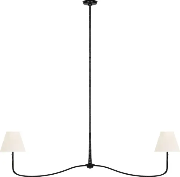 The Kairos 62" Linear Chandelier combines aged iron and Roman bronze finishes with soft linen shades, creating a refined transitional aesthetic. Its substantial length makes it perfect for large dining tables and kitchen islands.