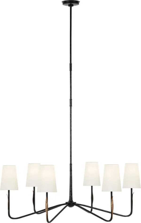 The Kairos 40" chandelier combines aged iron and Roman bronze finishes with elegant linen shades, creating a refined transitional statement piece perfect for dining rooms and large spaces requiring substantial lighting.