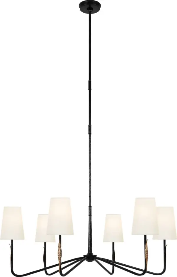 The Kairos 40" chandelier combines aged iron and Roman bronze finishes with elegant linen shades, creating a refined transitional statement piece perfect for dining rooms and large spaces requiring substantial lighting. - alternate view