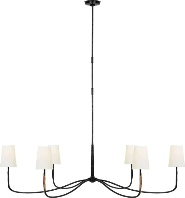 The Kairos chandelier makes a bold statement with its substantial 58-inch length and sophisticated mixed metal finish. Aged iron and Roman bronze create visual depth while linen shades soften the light for elegant ambiance.