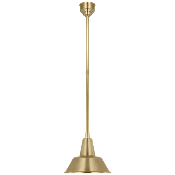 The Academy Pendant combines traditional design with outdoor durability. Its hand-rubbed antique brass finish and 12.5" Bowers shade create warm, welcoming illumination for covered outdoor spaces.