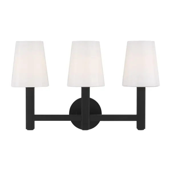 The Logan vanity fixture by Thomas O'Brien masterfully bridges traditional and modern aesthetics with tapered milk white glass shades and clean-lined aged iron framework. Perfect for bathrooms seeking timeless sophistication.