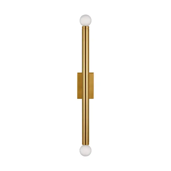 The Beckham Modern sconce by Thomas O'Brien combines sleek vertical lines with globe shades for a sculptural, opulent look. The Burnished Brass finish adds warmth and sophistication to any space.